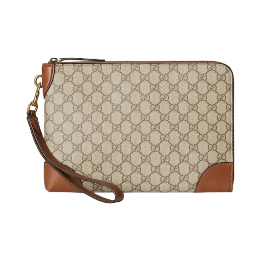 GUCCI Leather Trim Clutch Small Size Men's Beige & Dark Brown