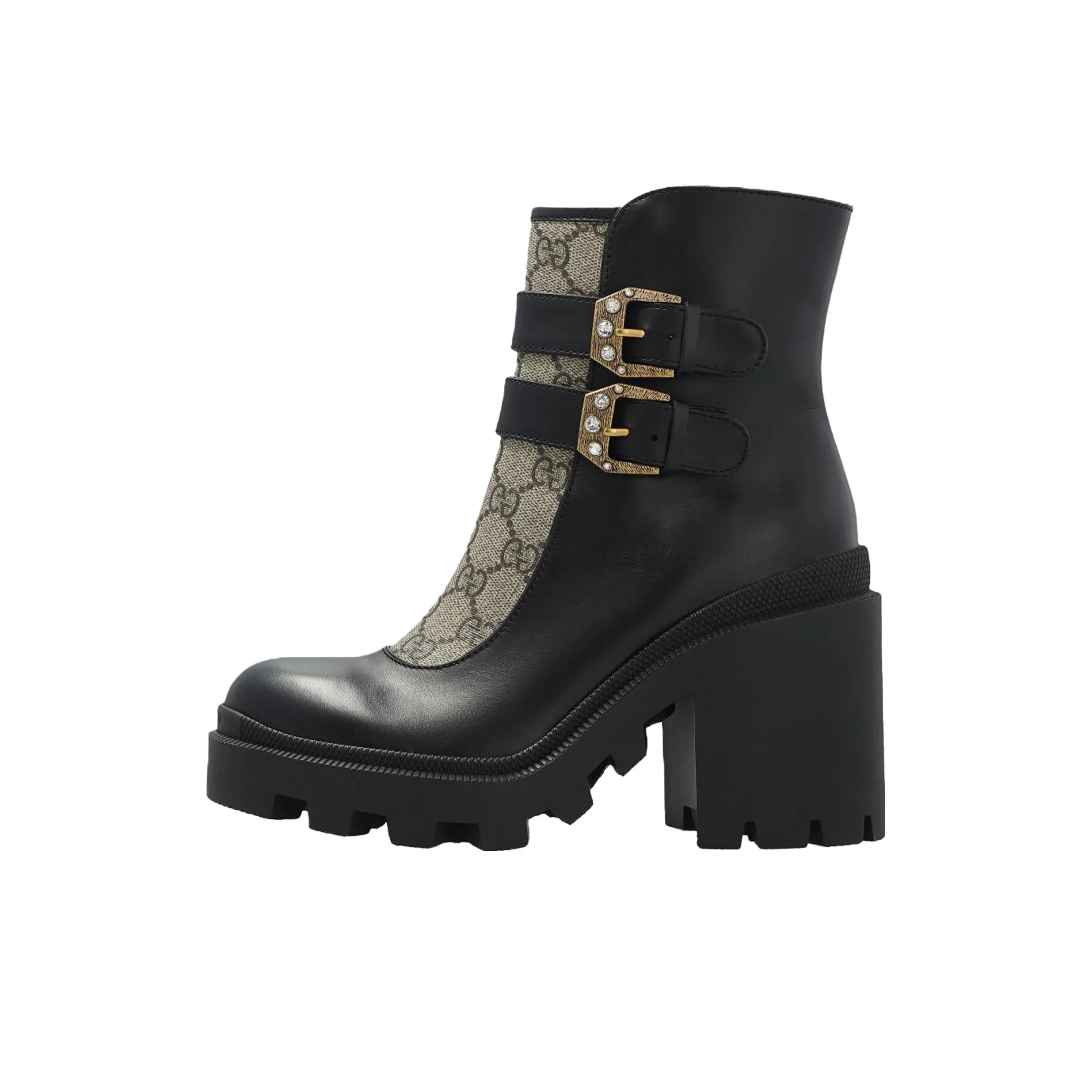 GUCCI Buckles Ankle Boots Black Beige Women's