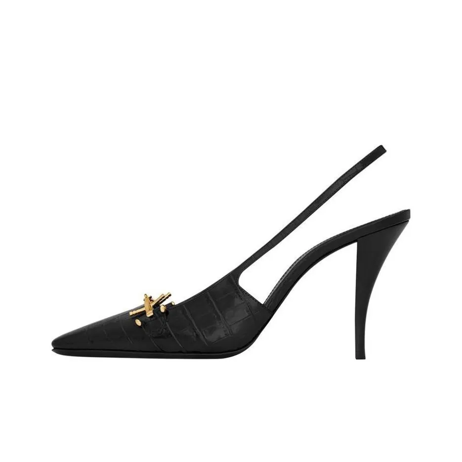 SAINT LAURENT Blade Slingback Pump Black Crocodile Embossed Patent Leather Women's