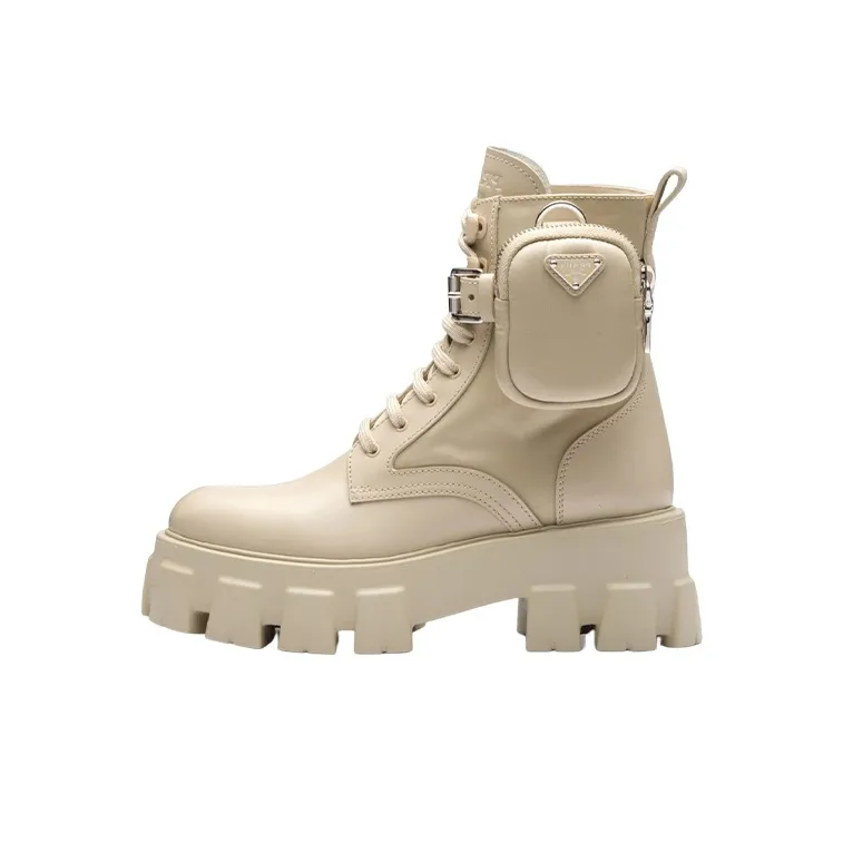 PRADA Monolith 55mm Pouch Ankle Boots Desert Beige Leather Women's