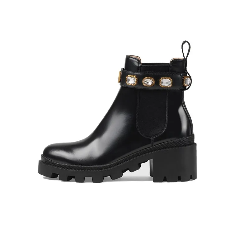 GUCCI Crystal Belt 60mm Ankle Boot Black Leather Women's