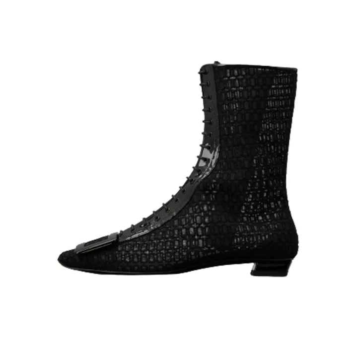 Roger Vivier Belle Vivier Net Lacquered Buckle Lace-Up Ankle Boots Women's