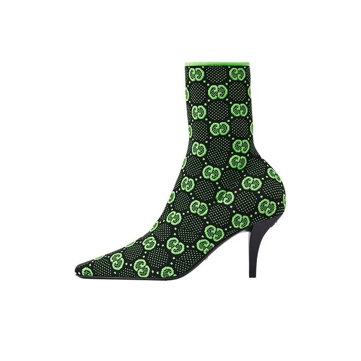 GUCCI Gg 75mm Knit Ankle Boots Black Fluorescent Yellow Fabric Women's