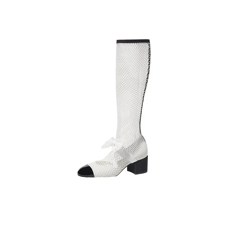 CHANEL Resille 55mm Knee High Mary Janes White Black Patent Calfskin Women's