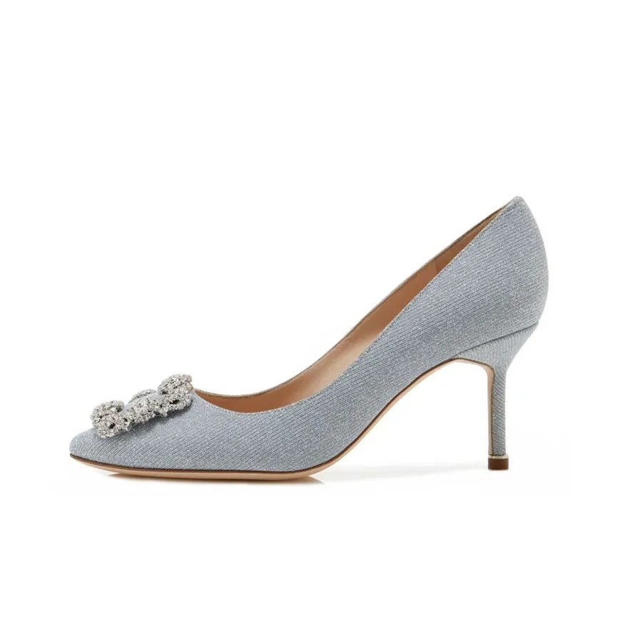 MANOLO BLAHNIK Crystal Buckle Sequins High Heels 7cm Women's Silver