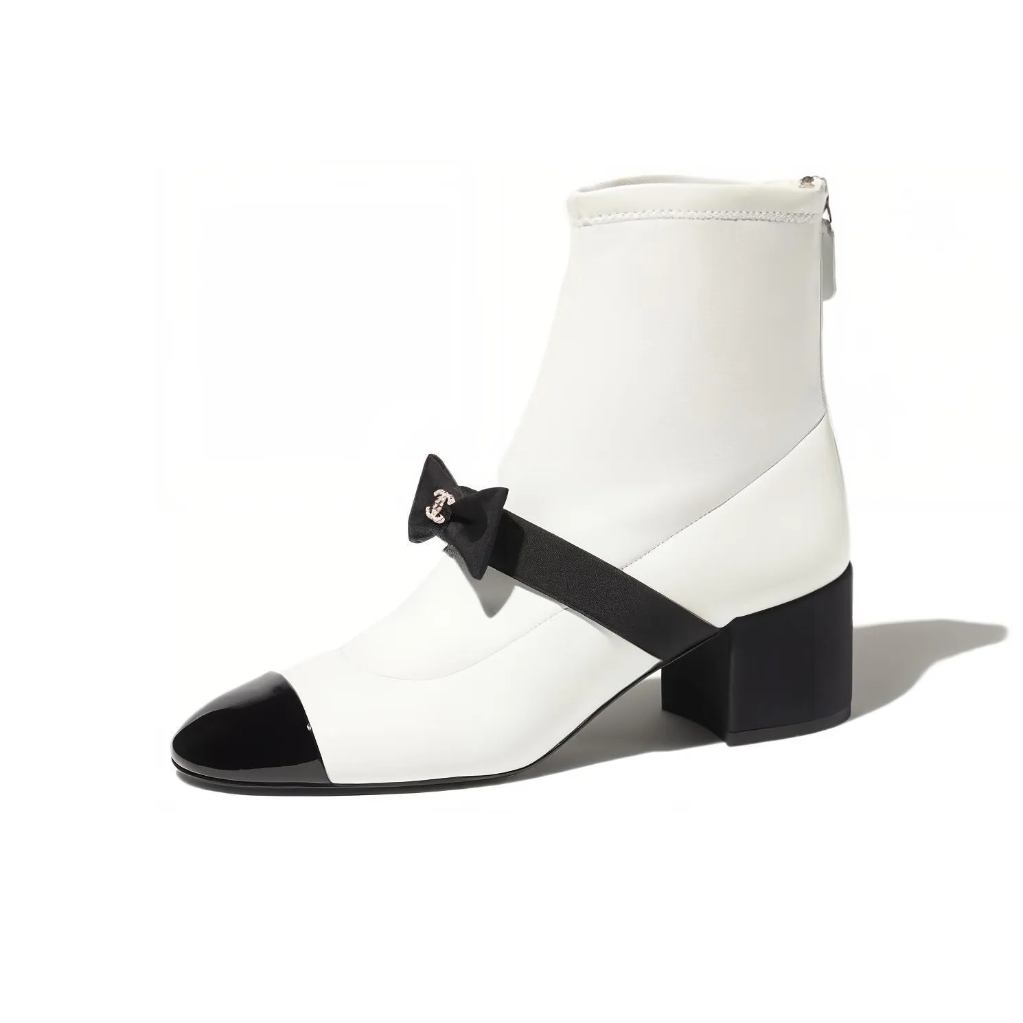 CHANEL 55mm Bow Ankle Pack Boots White Stretch Lambskin Women's
