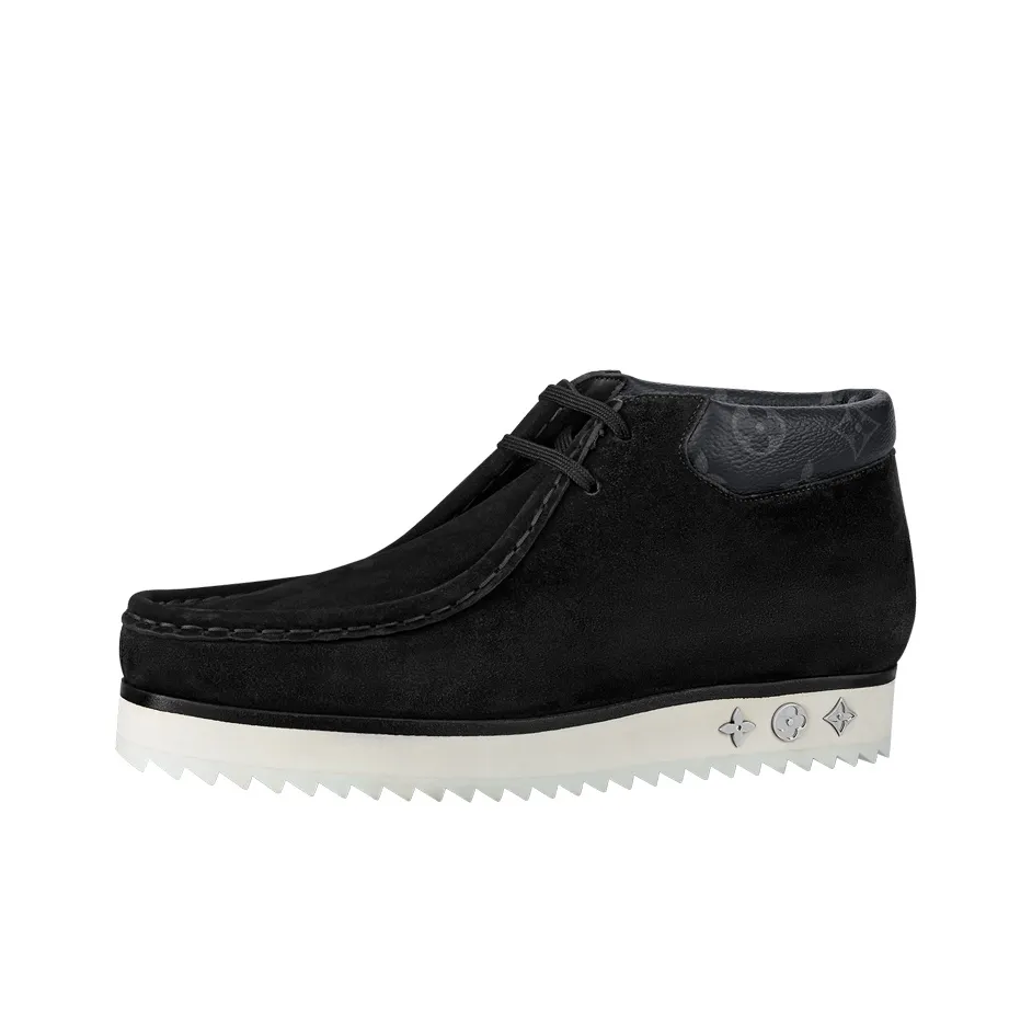 LOUIS VUITTON Mods Ankle Boots 'Black Suede With Faded Monogram Collar'