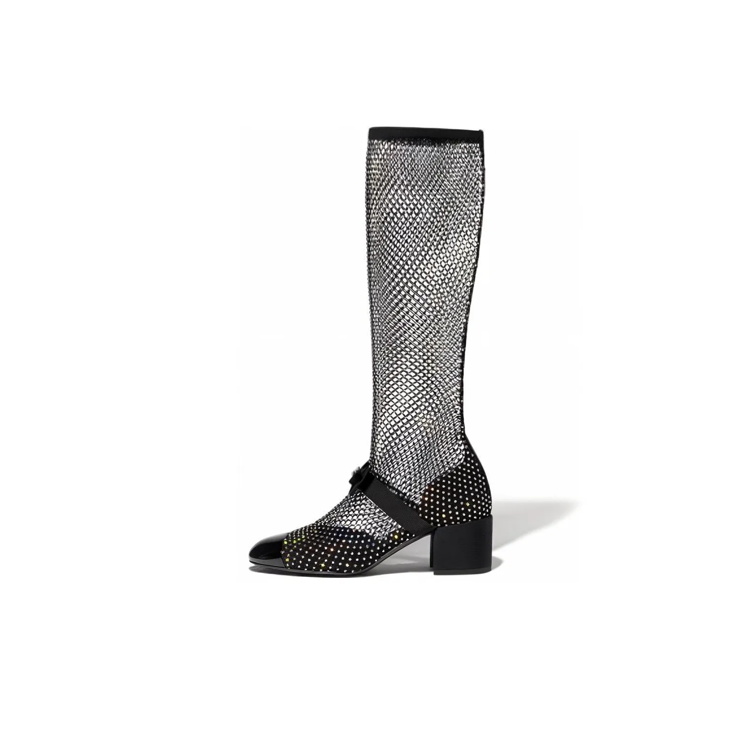 CHANEL Resille 55mm Knee High Mary Janes Black Crystal Patent Calfskin Women's