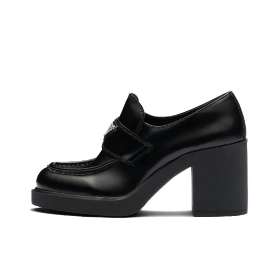 prada burch Chocolate High Heeled 85mm Loafers Black Brushed Leather Women's
