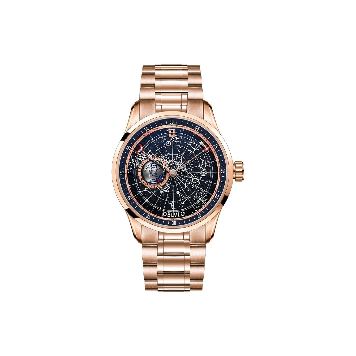 OBLVLO Автоматический Механический Механизм Нержавеющая Сталь Ремешок Часы Мужские Черный Циферблат