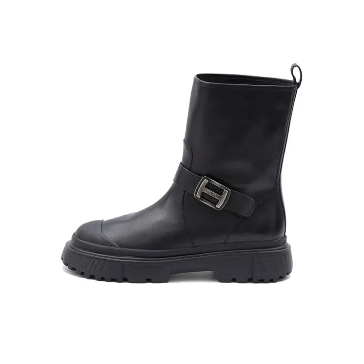 HOGAN Logo Buckled Round Toe Boots Women's