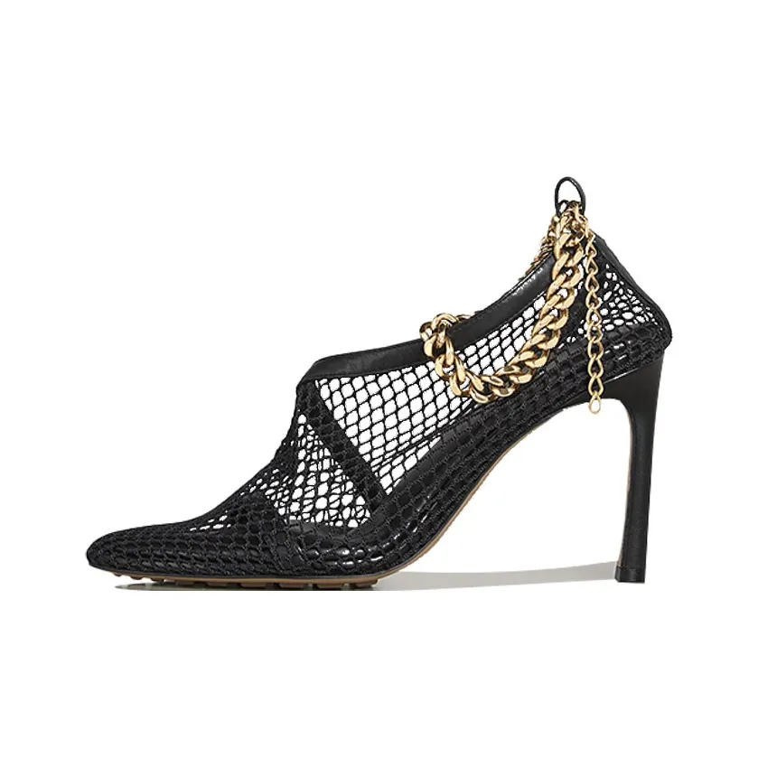 Bottega Veneta Chain Trimmed Mesh PUMA sandals Black Gold Women's
