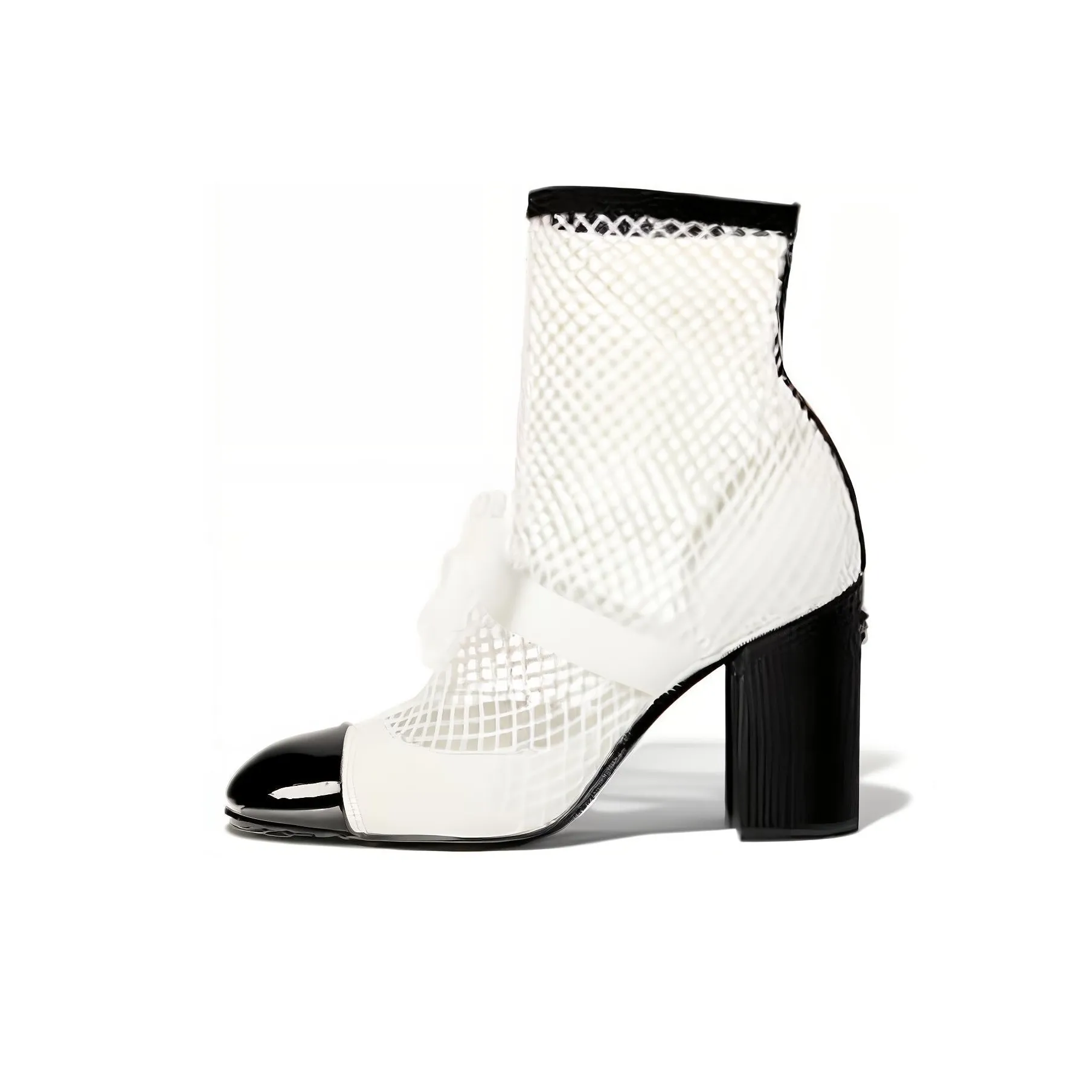 CHANEL Resille 90mm Mary Janes White Black Patent Calfskin Women's