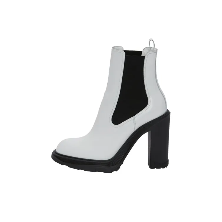 Alexander McQueen Leather Heeled Chelsea Boot Ivory Black Women's