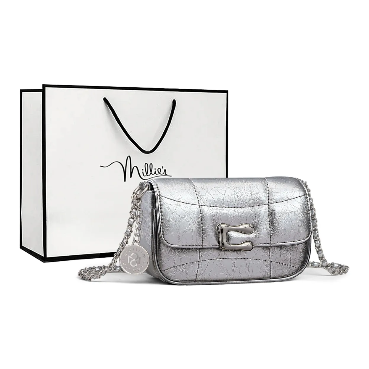 MILLIE'S Коровья кожа Подмышечный Маленький Квадратный Сумка Сумка через плечо Сумка на плечо Женская Серебряная