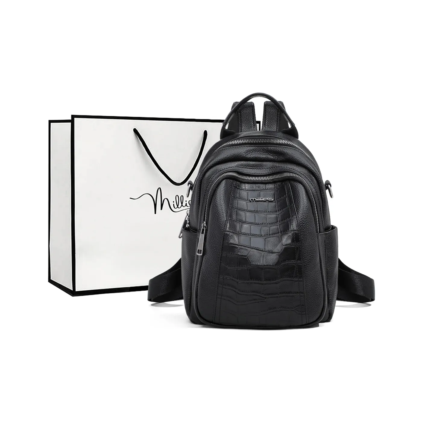 MILLIE'S Synthetic Leather With Cow Leather Backpack Regular Women's Black