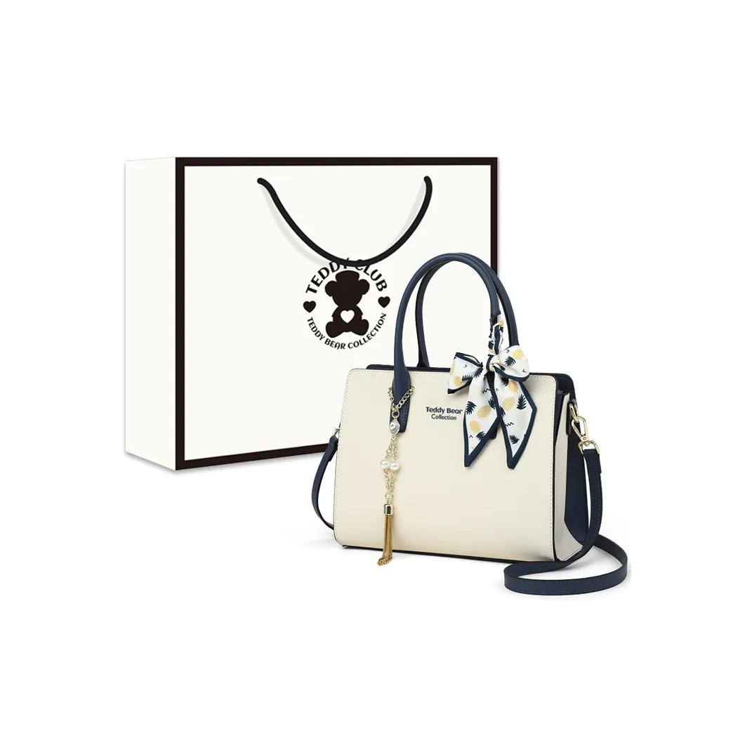 Teddy Bear Collection TeddyClub Series Cow Leather Patchwork Synthetic Leather Handbag Women's Ecru