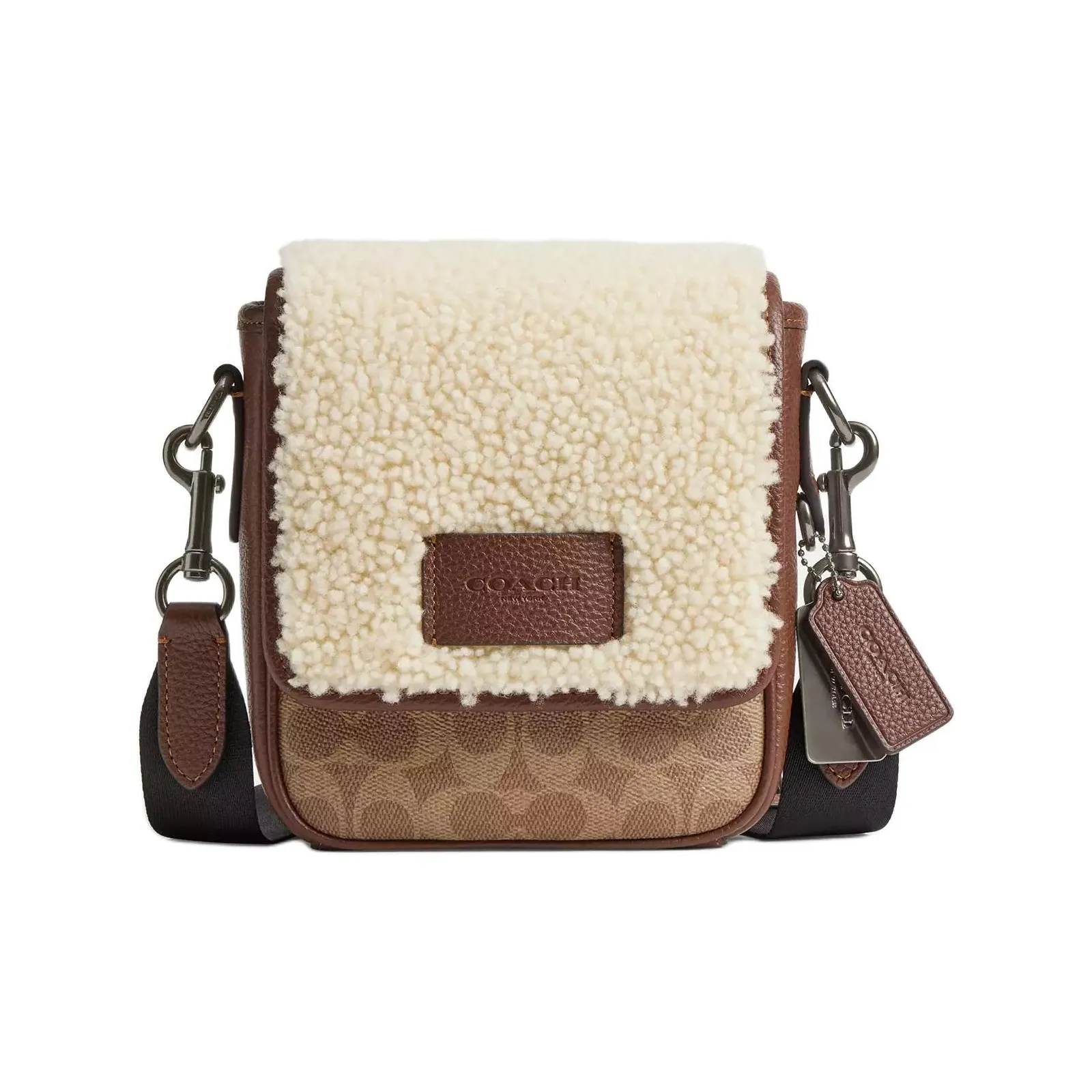 COACH LUCAS Coated Canvas With Shearling And Leather Crossbody Bags Mini Unisex Tawny & Natural & Vintage Brown