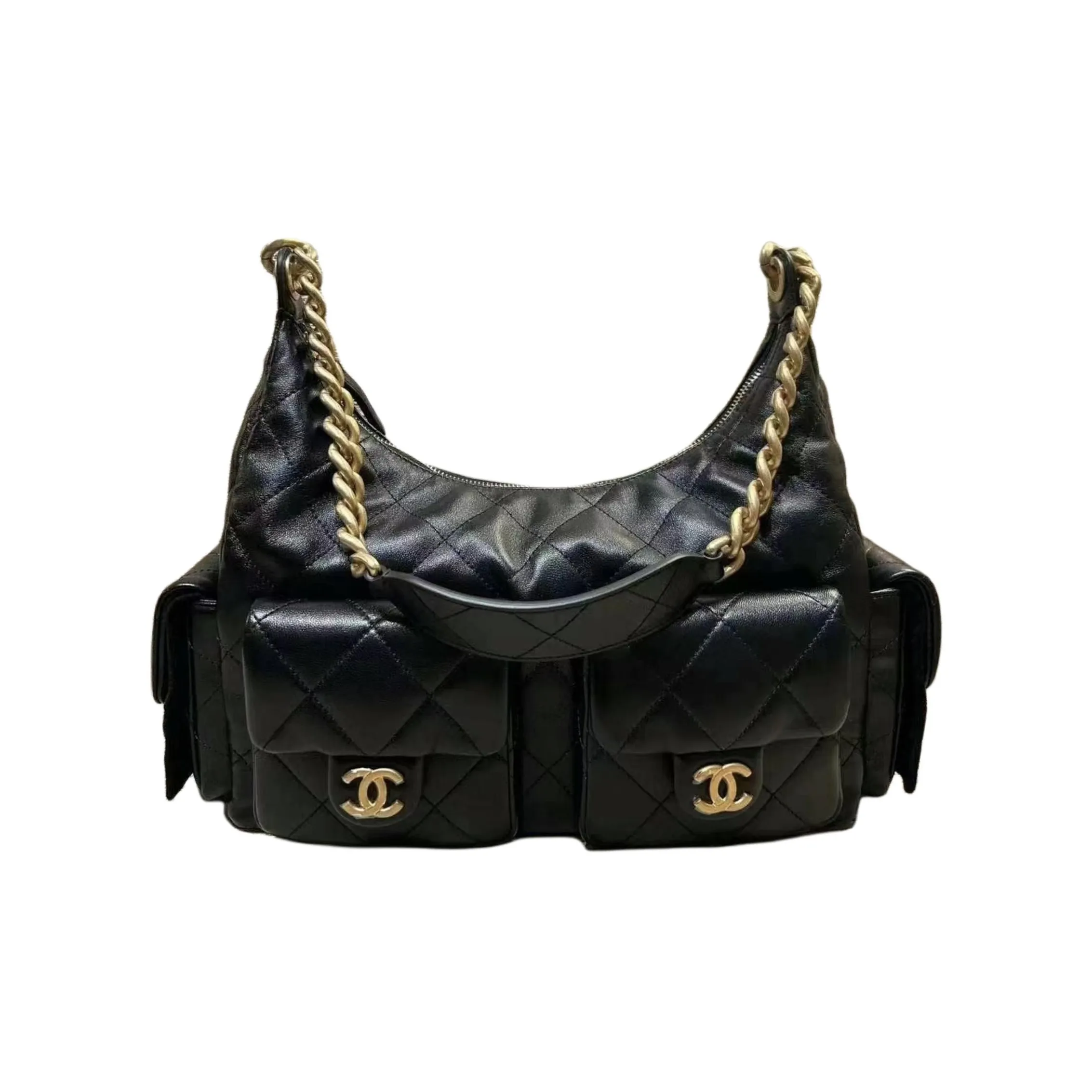 CHANEL Lambskin Hobo Bag Shoulder Bag Extra Large Women's Black