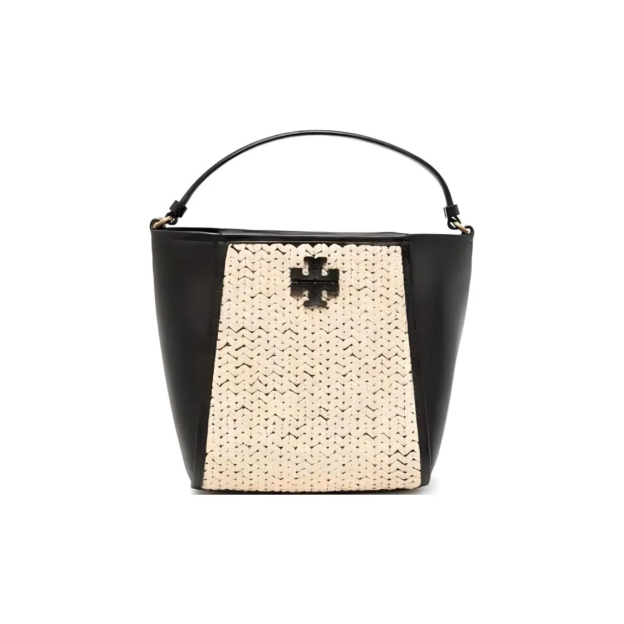 TORY BURCH McGraw Raffia Кожаная Вставка Ведрообразная Сумка Портативная Одно Плечо Сумка через Плечо Маленькая Женская Черная и Соломенная