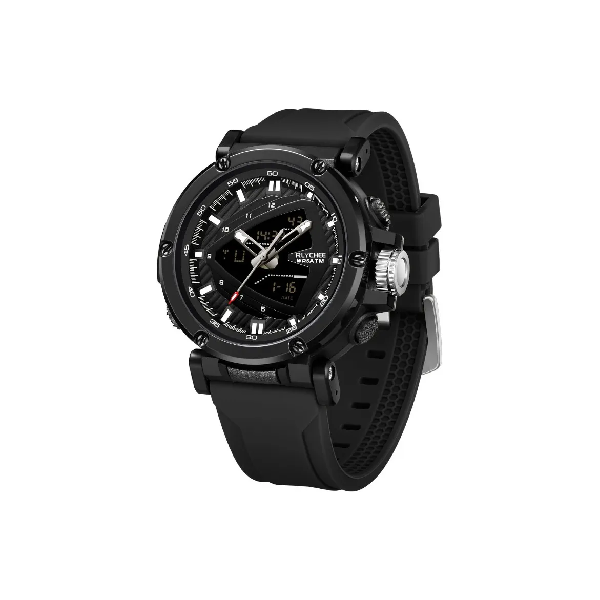 Rlychee Модный тренд Спортивные часы Электронный + кварцевый механизм Силиконовый ремешок Мужские часы Черный циферблат