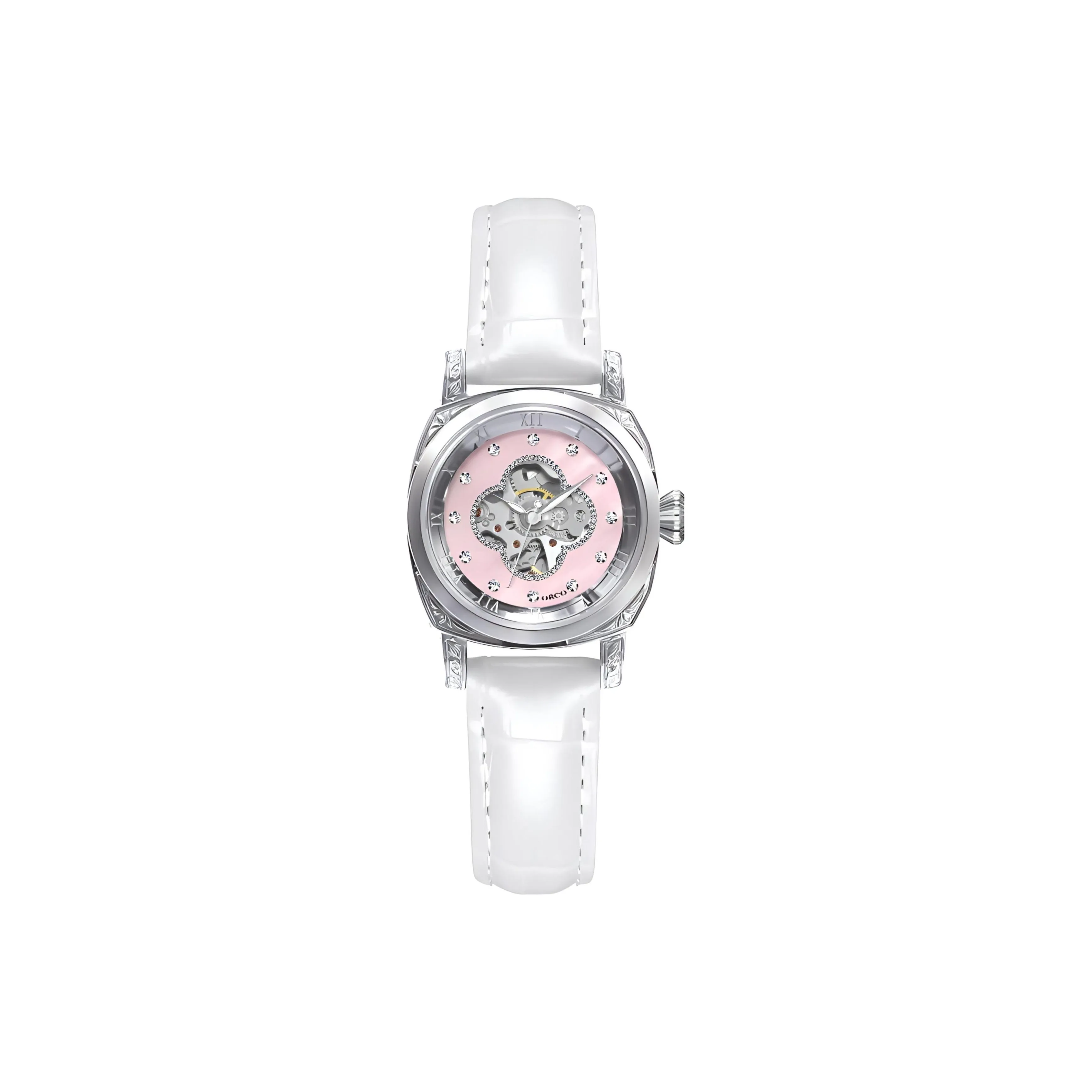 ORCO Automatic Mechanical Movement Cow Leather Strap Watch Women's Watch White Dial