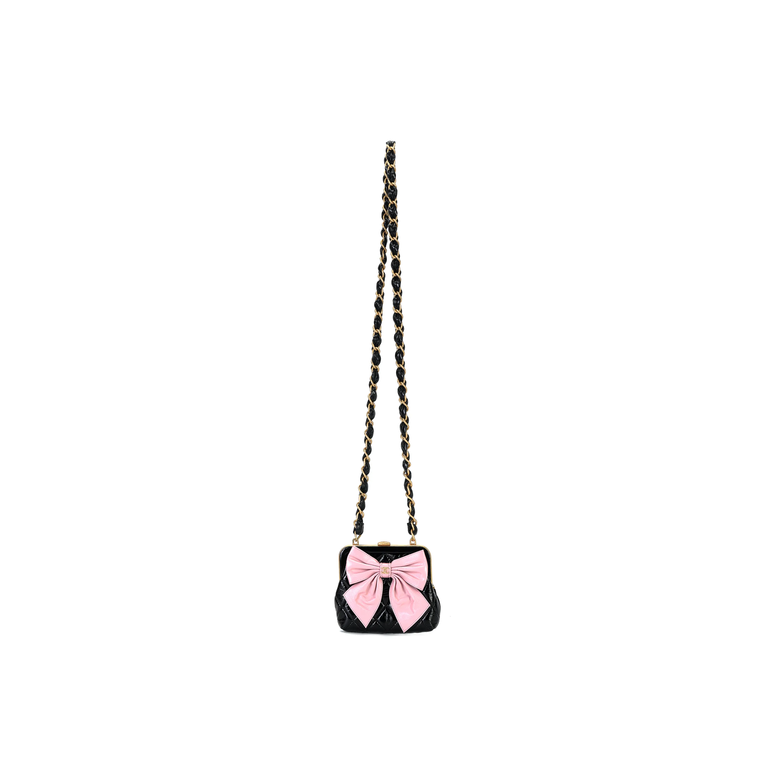 CHANEL 24A Bowknot Gold-Tone Metal Clutch With Chain Black/Pink
