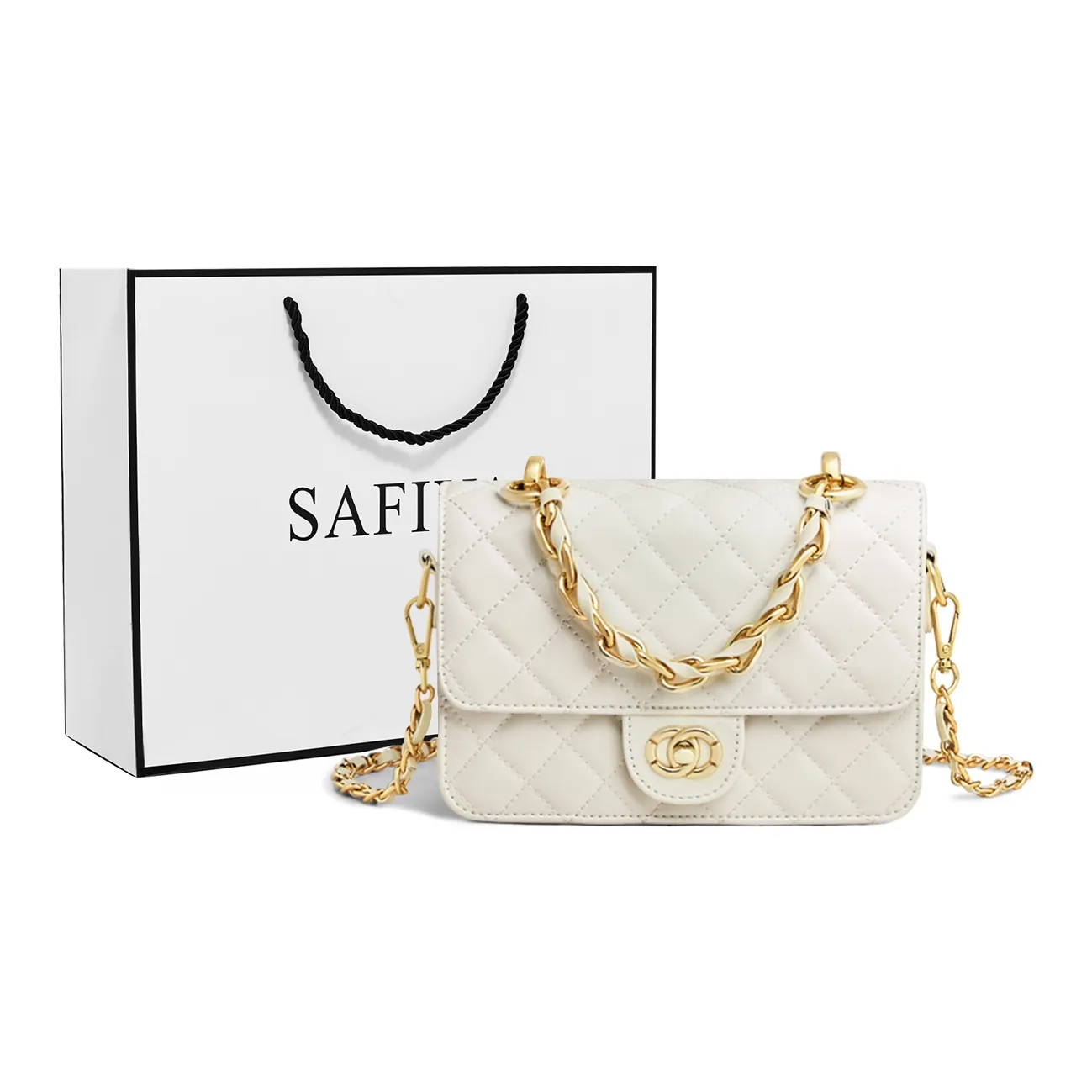 Safiya Коровья кожа Мода Премиум Вдохновленный Chanel Ромб Узор Цепочка Сумка через плечо Женская Черный Белый