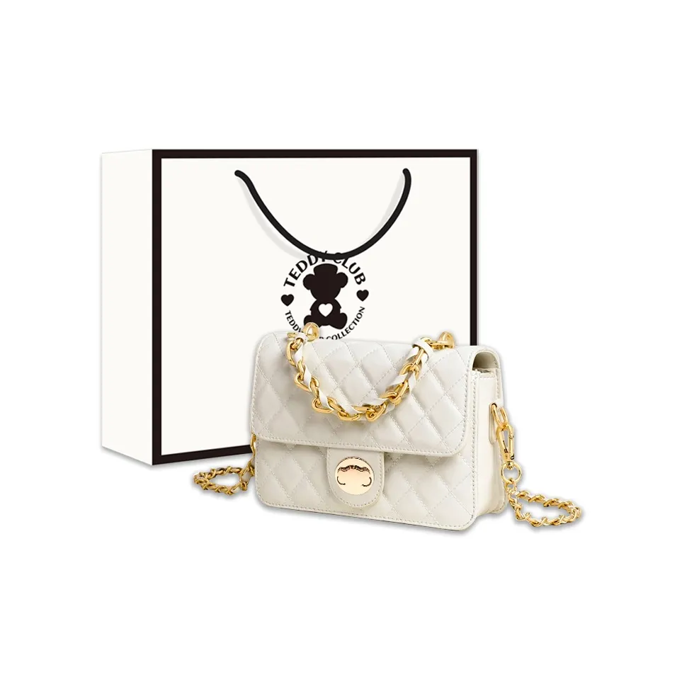Teddy Bear Collection Camping Teddy Series Cow Leather Shoulder Bag Crossbody Bag Small Size Women's White