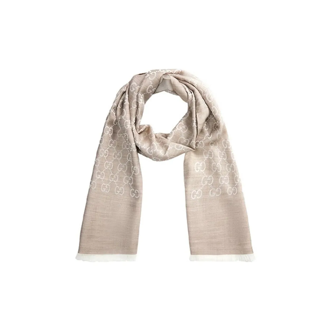 GUCCI GG Jacquard Pattern Two Tone Wool Silk Scarf Beige