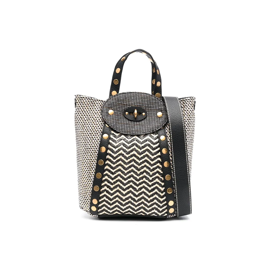 Zanellato Leather With Fabric And Straw Tote Bag, Shopping Bag, Handbag Regular Women's Black & White