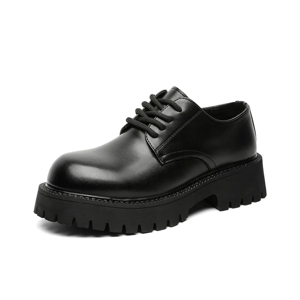 V05 Large Head Derby Shoes Unisex Platform Height Increasing British Style Yellow Lace-Up Casual Leather Shoes