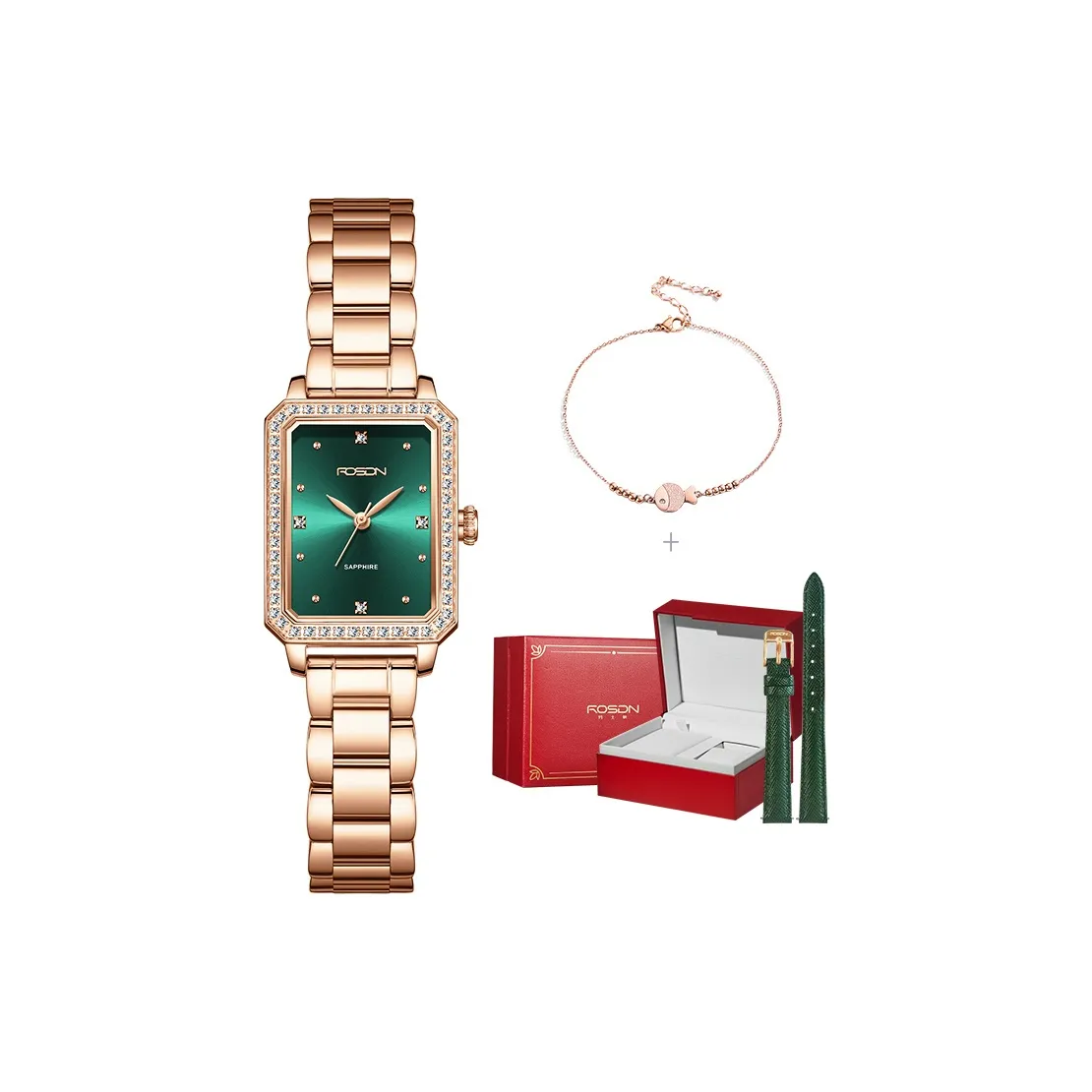 ROSDN Маленький Квадратный Таблица Кварцевый Механизм Нержавеющая Сталь Ремешок Часы Женские Часы Зеленый Циферблат