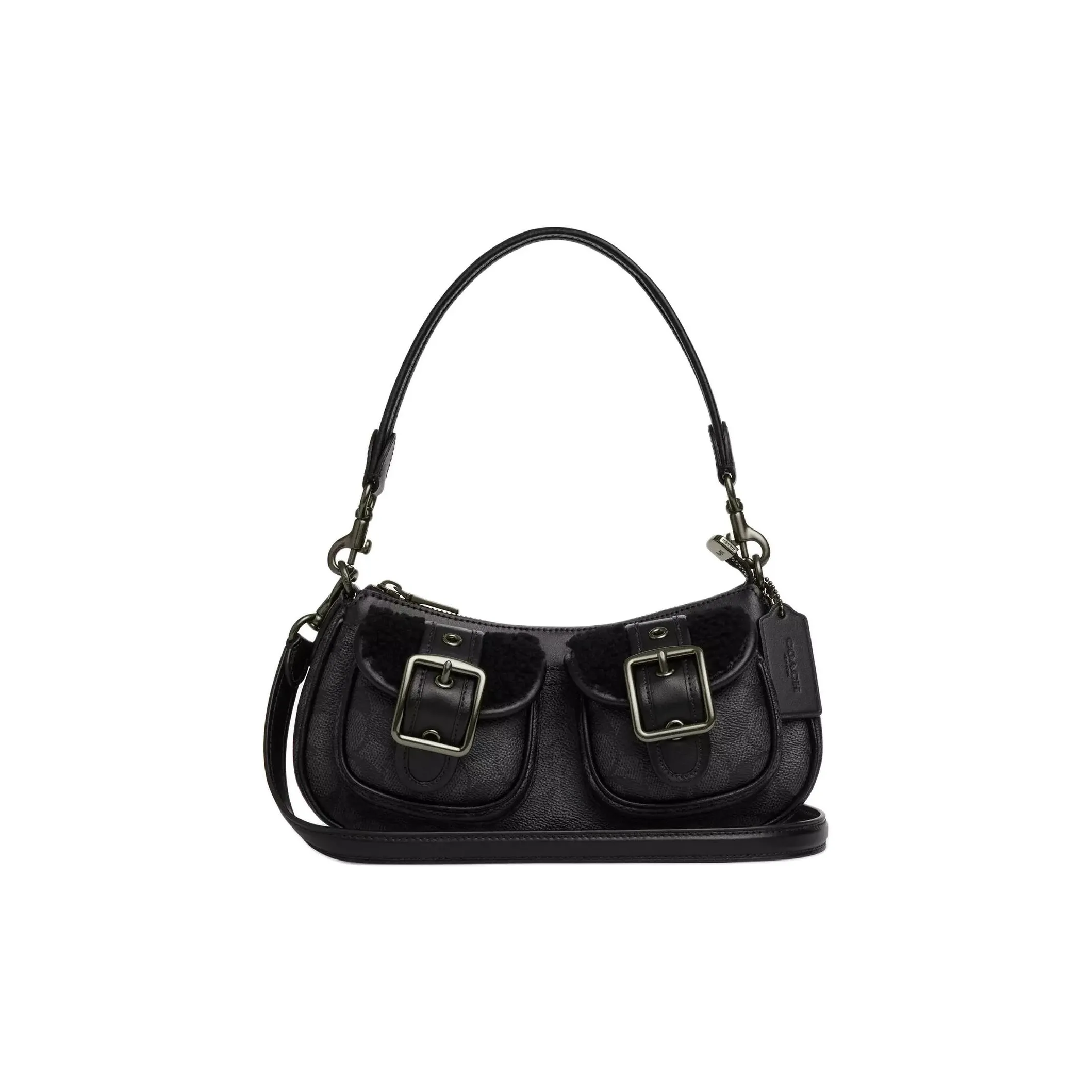 COACH Ashton Coated Canvas With Smooth Leather One Shoulder Handbag Medium Size Women's Black