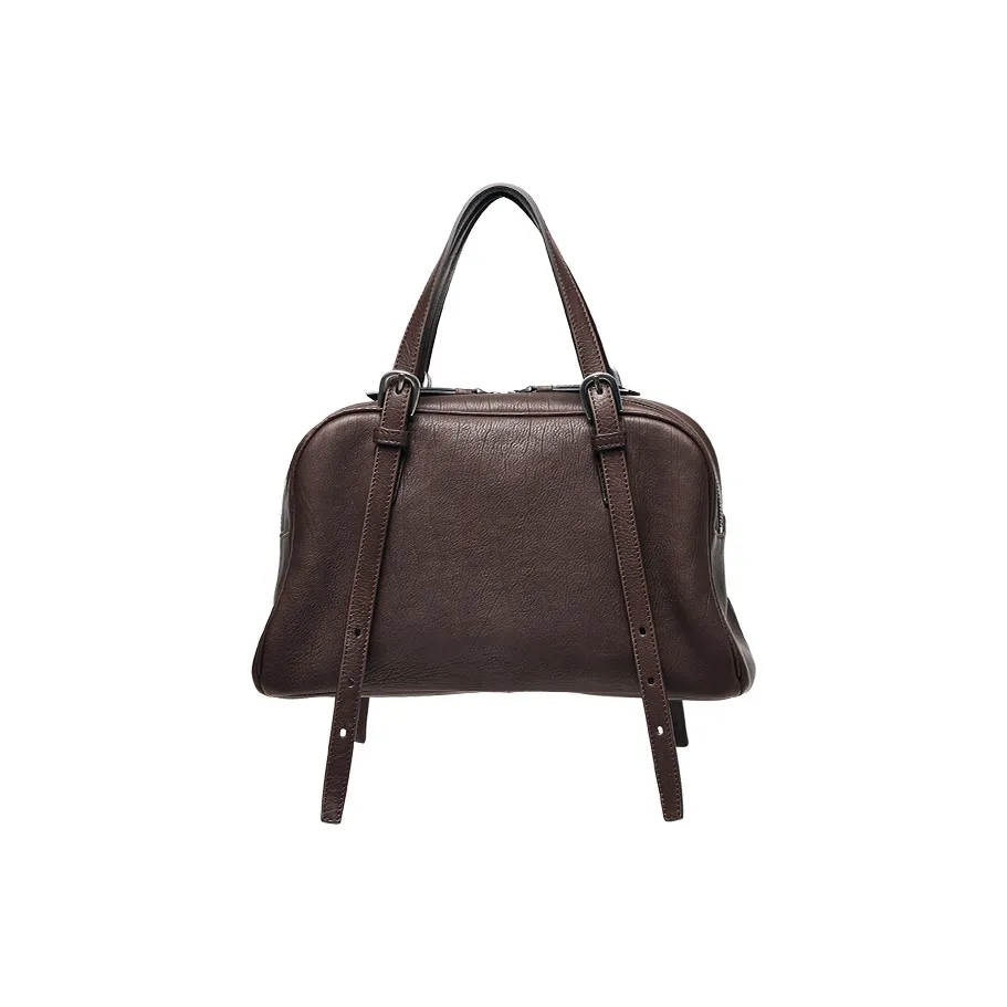 Qiuzhen Top Grain Cow Leather Bowling Bag Handbag Regular Unisex Coffee/Black/Elephant Gray