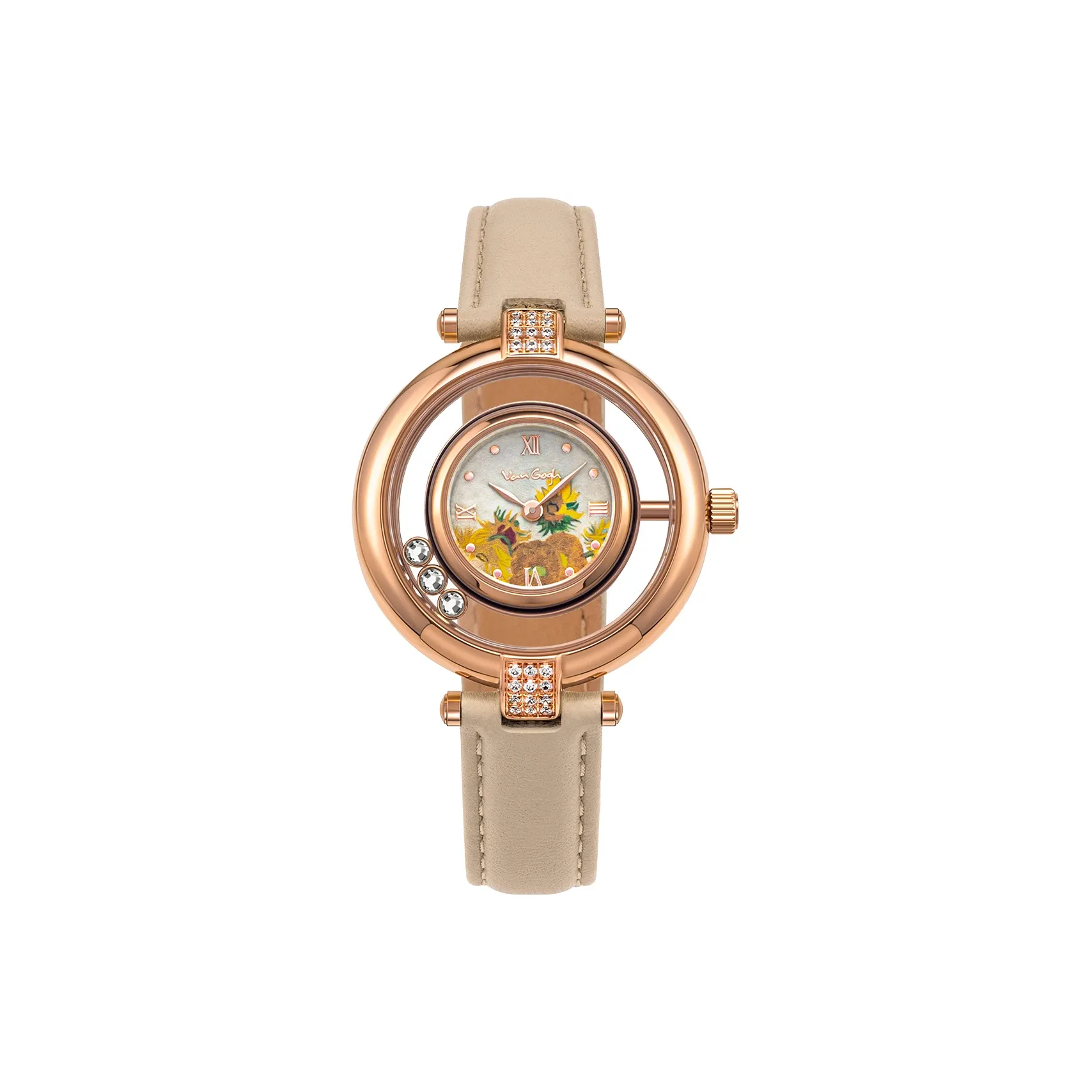 VAN GOGH Floating Collection Кварцевые Женские Часы с Коричневым Кожаным Ремешком и Белым Циферблатом