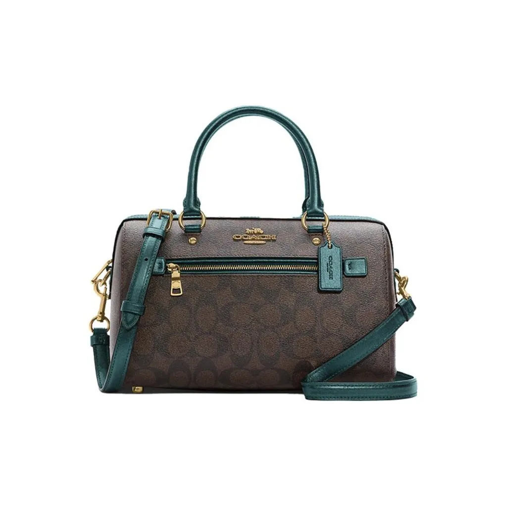 COACH Rowan Холщовая кожа Сумка Бостонская сумка Сумка через плечо Большая Женская Коричневая и Металлическая Зеленая