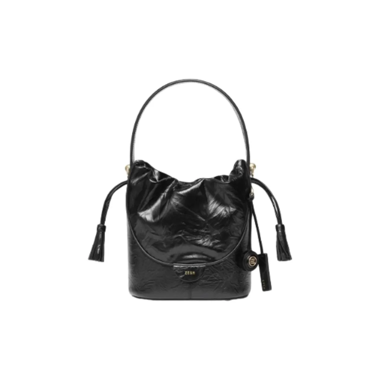 ZESH Cow Leather Bucket Bag, One Shoulder Handbag Small Size Women's Black/Brown/Black Handheld Texture