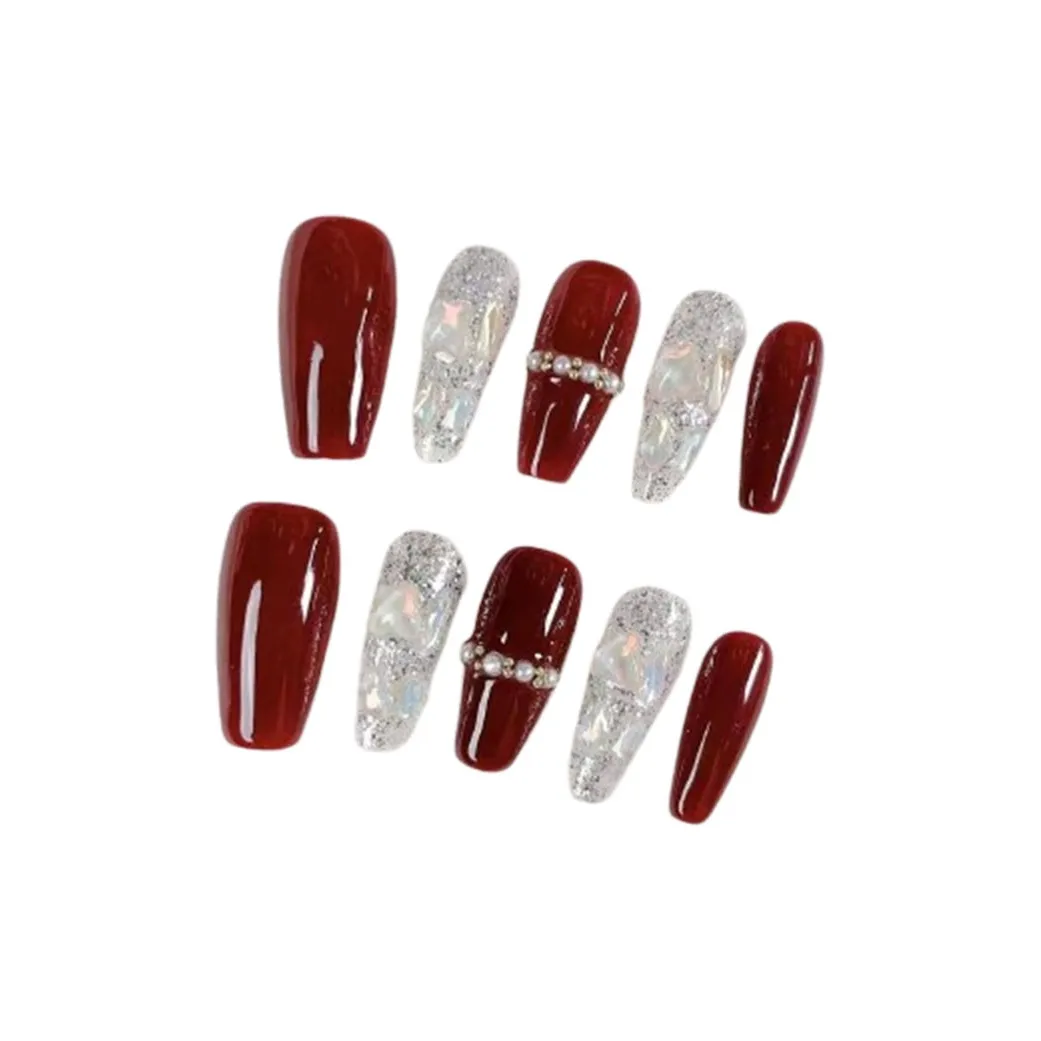 LIANJING [Клюква] Ручной работы Премиум False Nail Вишнево-красный Блестящий розовый Обручальное кольцо 25 мм Средний LADDER