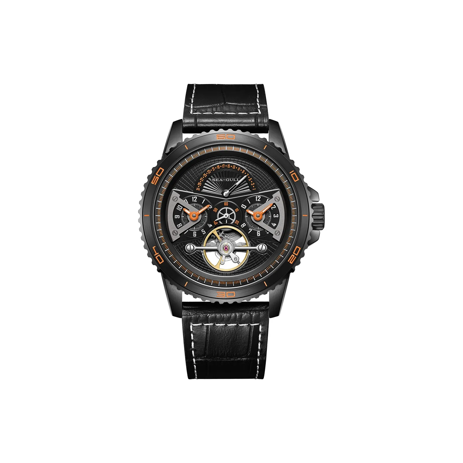 Sea Gull Автоматический Механический Механизм Коровья Кожа Ремешок Часы Мужские Черный Циферблат