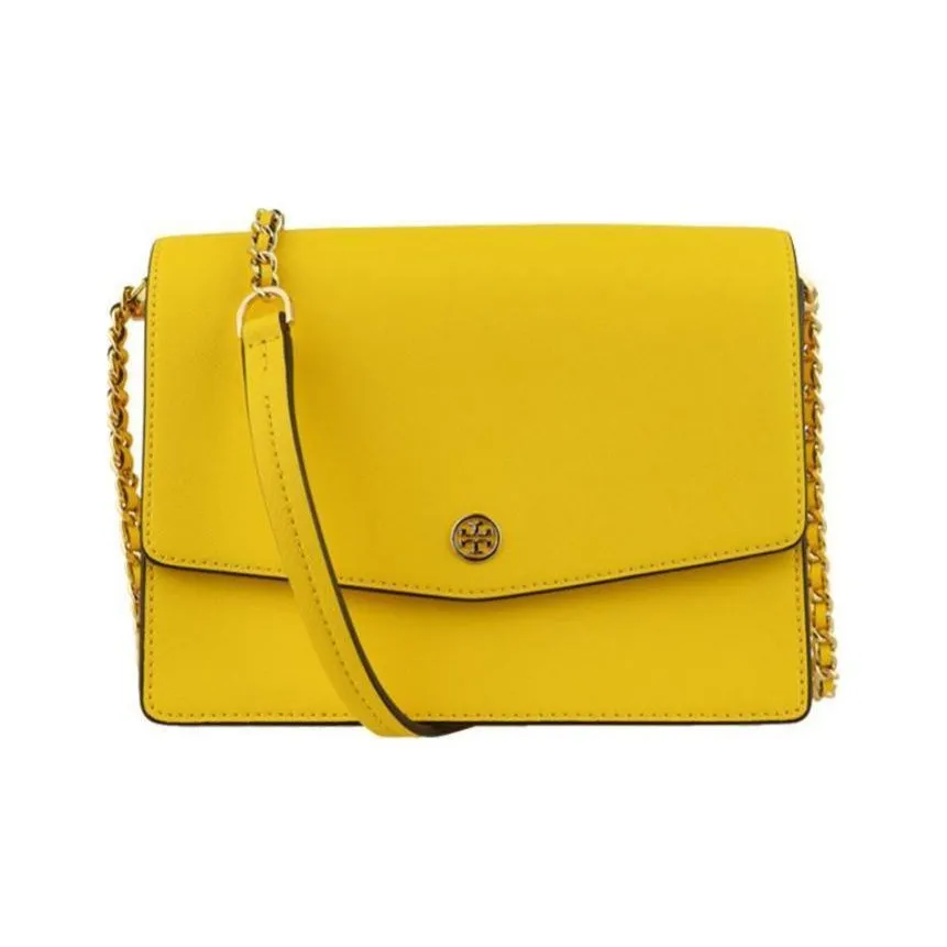 TORY BURCH Robinson Cow Leather Shoulder Bag, Crossbody Bag Medium Size Women's Yellow