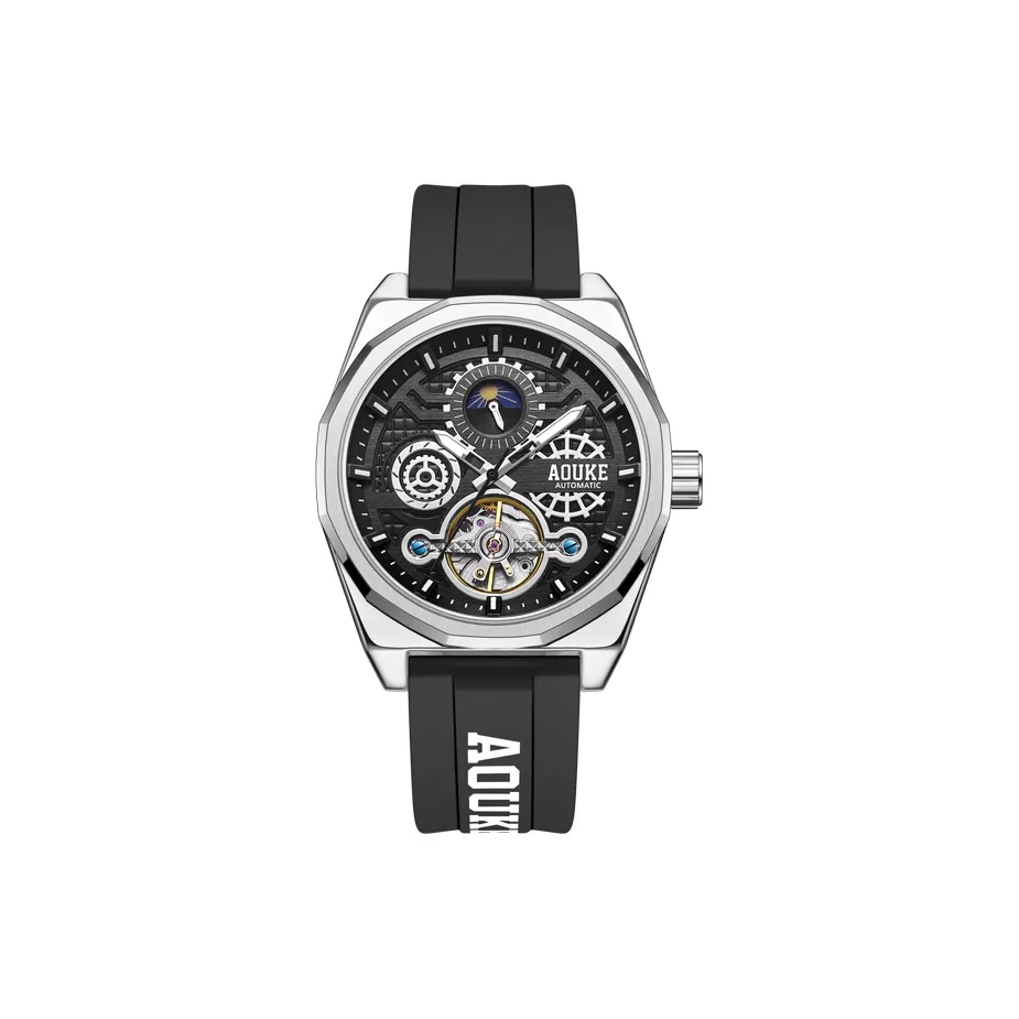 AOUKE Black Tech Collection Mechanical Movement Silicone Strap Watch Unisex Black Dial