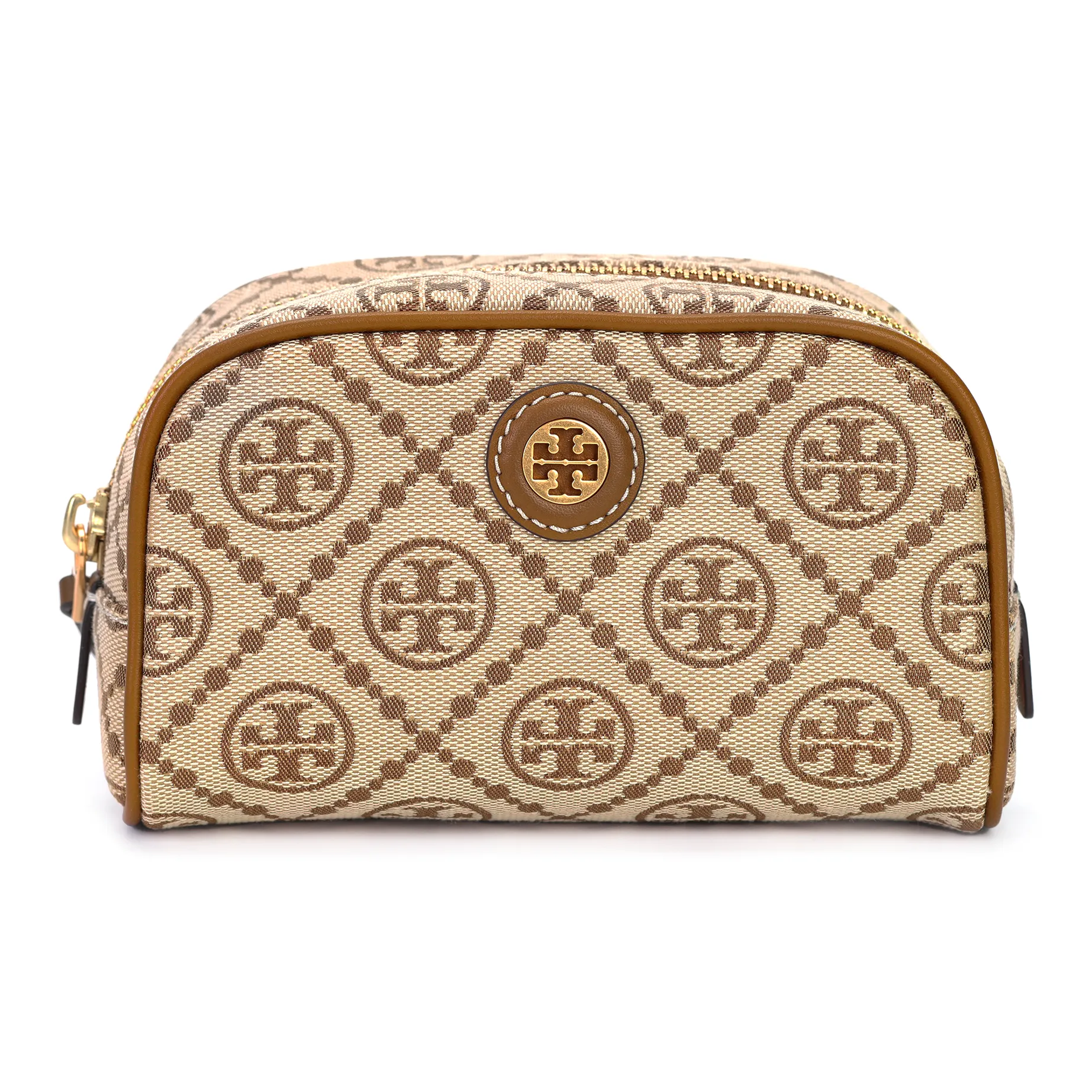 TORY BURCH T Monogram Jacquard Leather Toiletry Bag, Makeup Bag Mini Women's Hazelnuts Brown