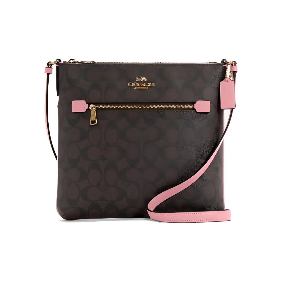 COACH Rowan Холст и Кожа Сумка для документов Сумка через плечо Сумка на плечо Средняя Женская Коричневый Перламутрово-розовый