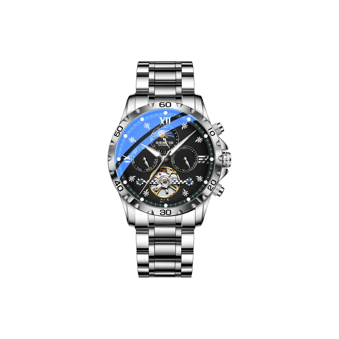 HAEMMER Automatic Mechanical Movement Steel Strap Watch Men's Watches Black Dial
