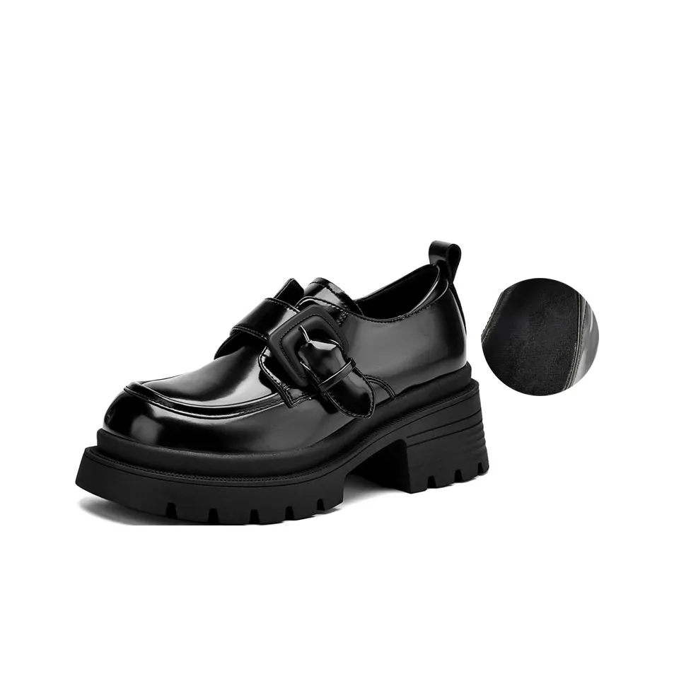 JOSINY British Style Versatile Fleece-Lined Warm Deep Mouth Unlined Shoes Loafers Heel Height 6.7cm Women's Black