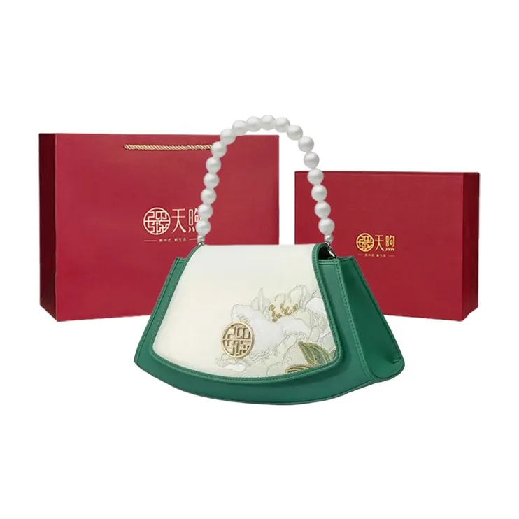 Pmsi Cow Leather Embroidery Cheongsam Mom Bag One Shoulder Handbag Regular Women's Emerald Green Gift Box Set