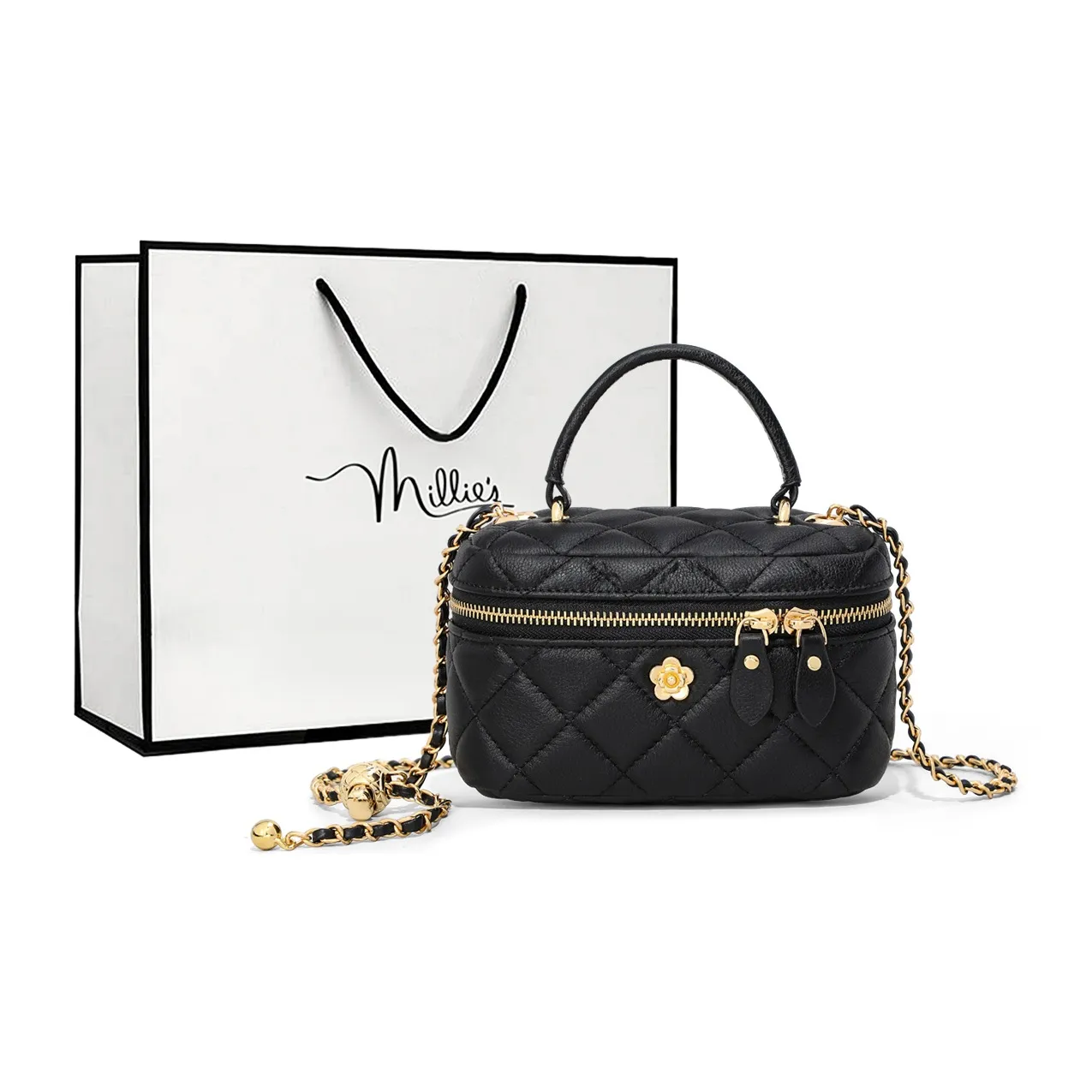 MILLIE'S Cow Leather Box Bag, Shoulder Bag, Crossbody Bag, Handbag Women's Black/White