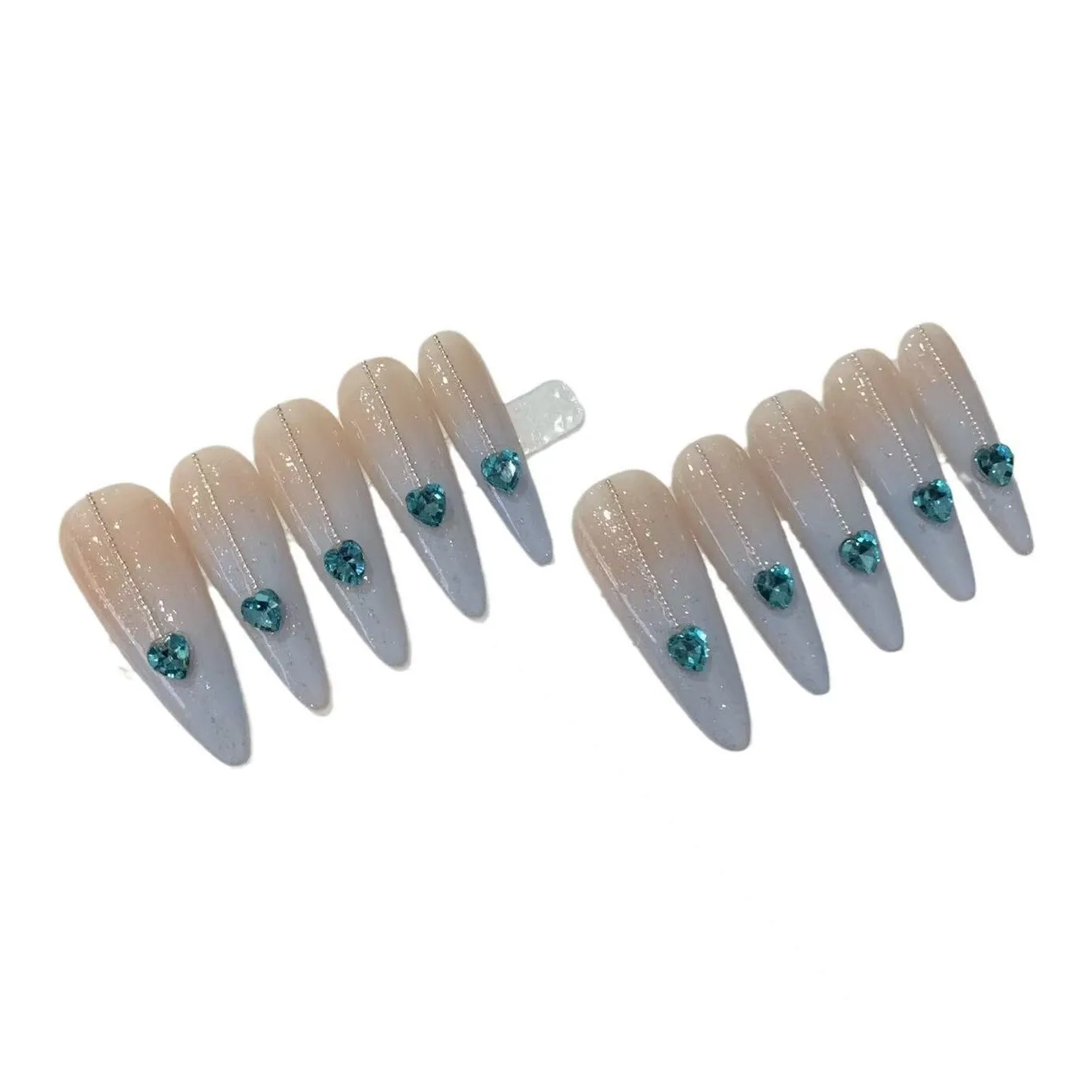 LIANJING [Blue Heart] Handcrafted False Nail Средний Накладной Туманно-голубой Градиентный Роскошный Nail Art 32 мм Заостренный Тип