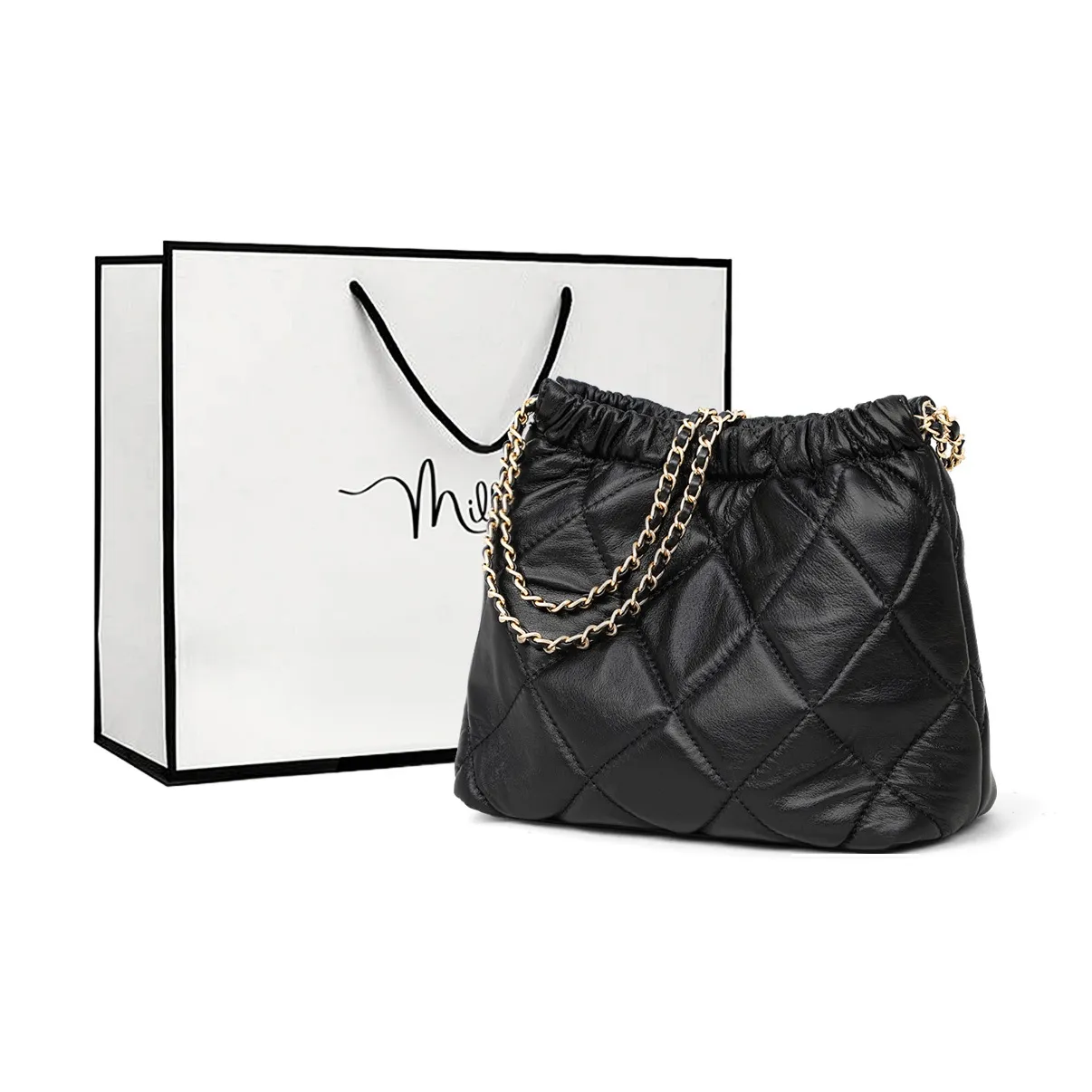 MILLIE'S Cow Leather Trash Bag Handbag Shoulder Bag Regular Women's Black/White